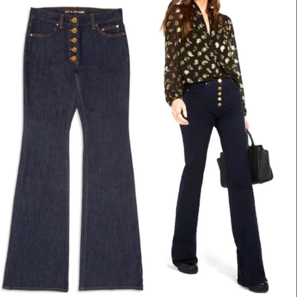 Michael Kors Selma Flare Button Front High Rise Jeans Washed Black Size 14 - Picture 1 of 11